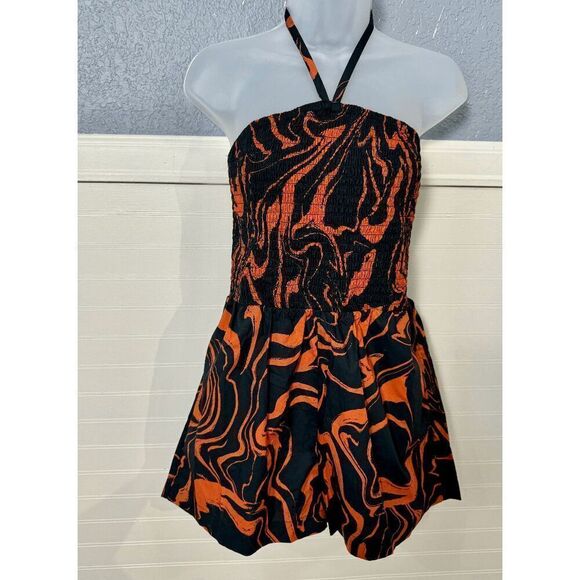 The Get Orange & Black Print Smocked Halter Romper - Picture 7 of 9